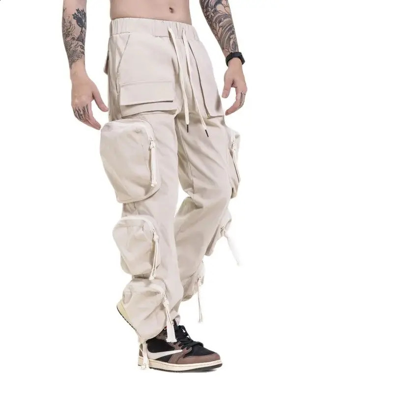 Zipper Multi Pocket Hip Hop Techwear Product Pants Mens High Street Functional Casual Luggage 240812