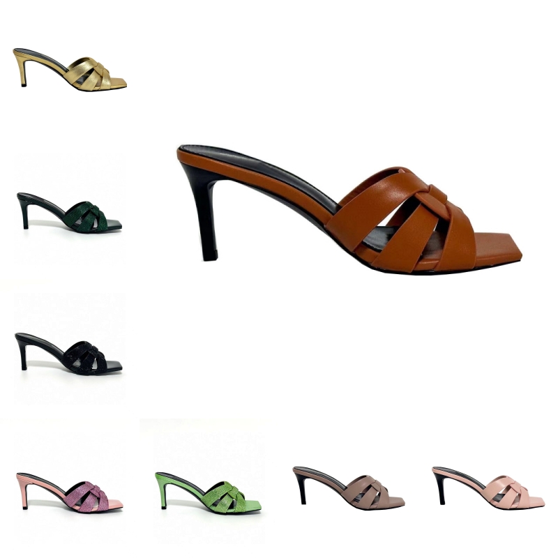 Designer women's high-heeled slippers Summer leather fashion Slideshow Sandals Sexy Stiletto Party Shoes Designer women's leather strap box 7cm heels