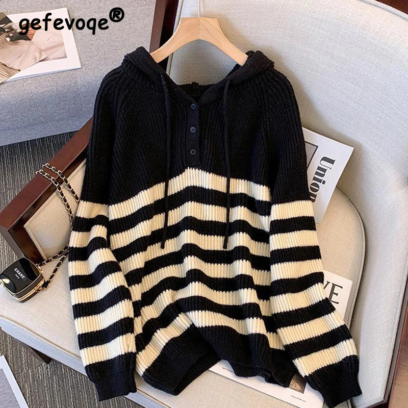 Women Clothing Autumn Winter Trendy Button Striped Hooded Knitted Sweater Casual Streetwear Loose Long Sleeve Pullover Tops 240812