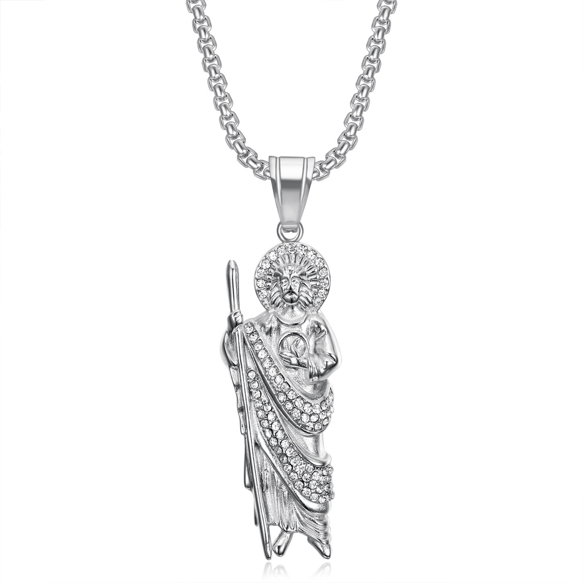 Hip Hop St.Jude Pendant Necklace Full Zircon 316L Stainless Steel Gold Plated Mens Jewelry
