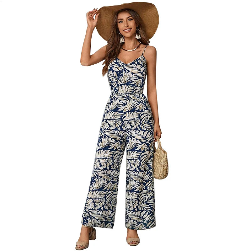 Fashion Casual Womens Waistline V-neck Skinny Shoulder With Holiday Leaf Print Loose Pants Jumpsuit 240813