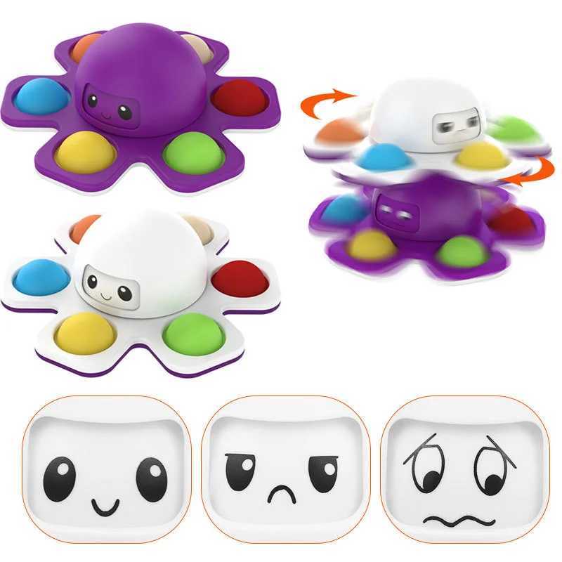 Funny Fidget toys Octopus Spinning Top Vent Gyro Three Expression Fidget Spinner Toy Push Pop Bubble Stress Relief for Kids Baby Y240810