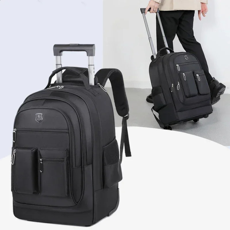 Mens large capacity travel backpack with wheels womens multilayer handcart luggage bag trolley business computer 240813