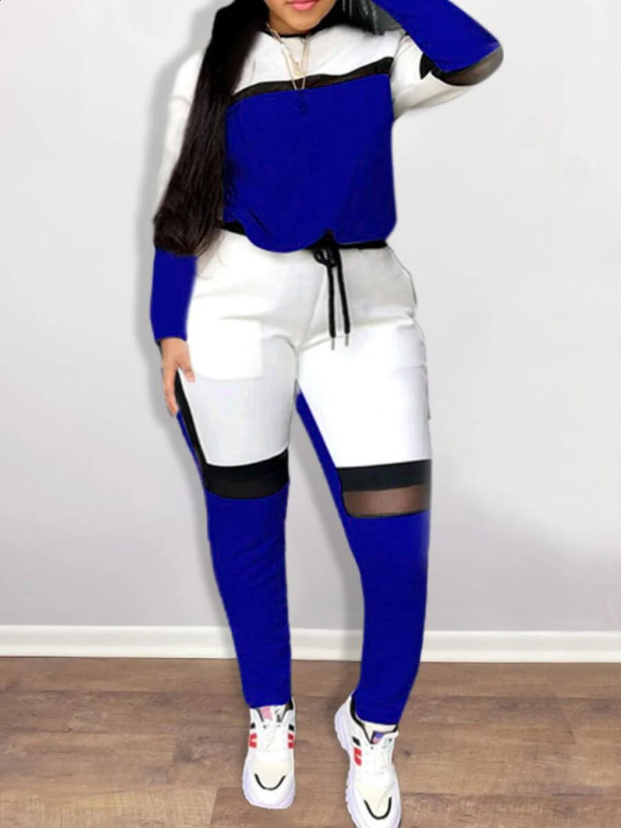 LW Plus Size Women Two Piece Color-lump Tracksuit Pants Set Patchwork Sporty Long Sleeve Conventional Collar Autumn Outfits 240813