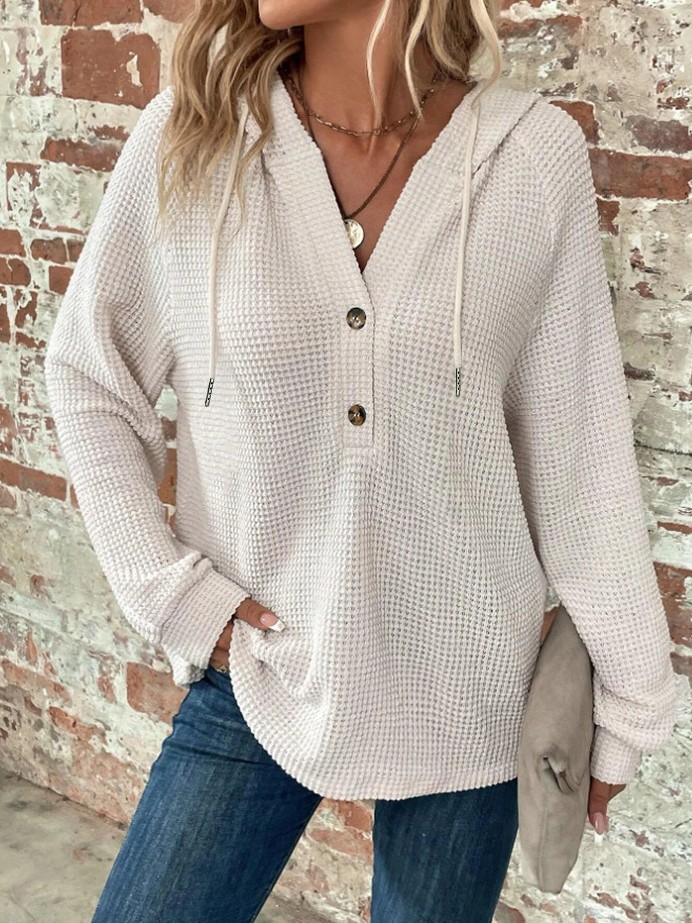 autumnwinter solid color hooded button loose long sleeved hoodie for women 240813