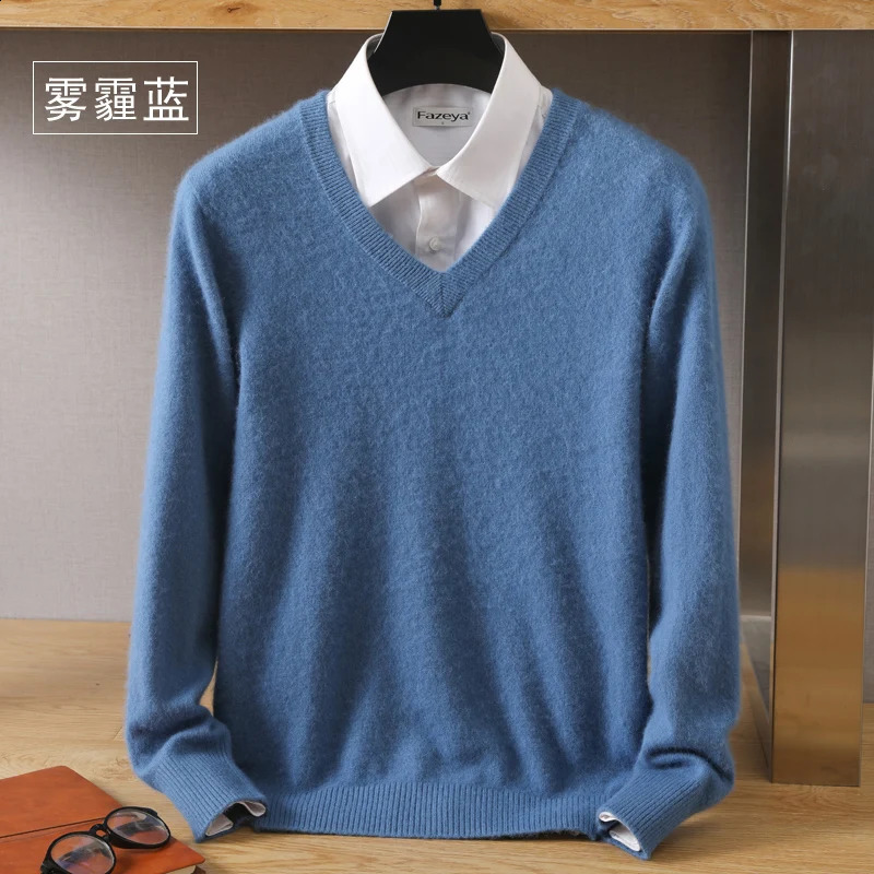 High quality mink wool sweater for autumn and winter mens floral round neck long sleeved bottom knitted cashmere Vneck loose fit 240812