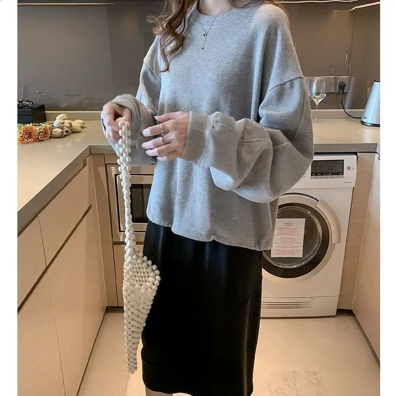 Korean Sping Autumn Pure Cotton Thin Womens O-Neck Solid Drawstring Fashion Casual Versatile Loose Long Sleeve Sweatshirts Tops 240812