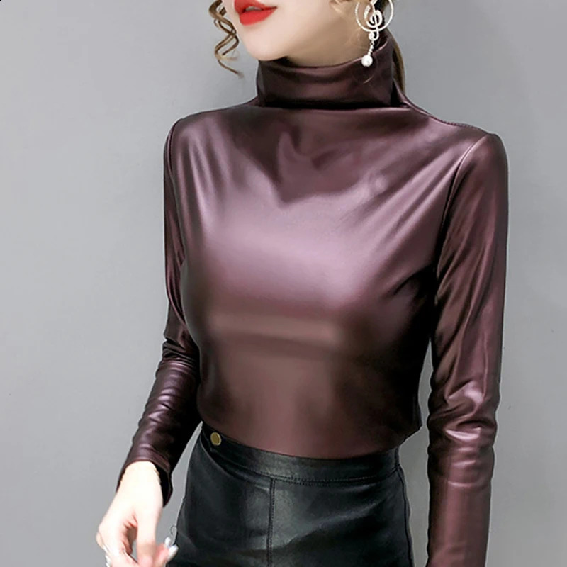 Shintimes Turtleneck Soft PU Leather Tshirt Womens Long Sleeve Winter Warm Clothing Camisetas De Mujer 240812