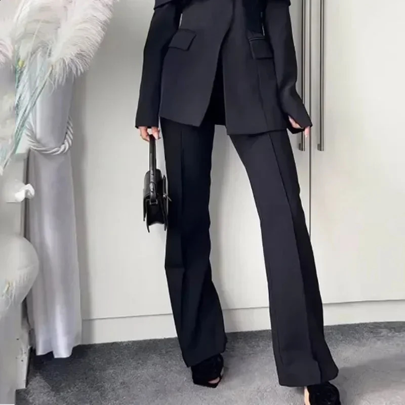 Womens solid neck shoulder jacket high waisted casual pants set office ladies twopiece womens coat 240812
