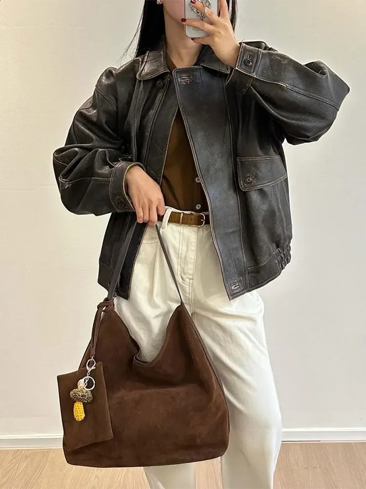 Fashion Vintage Zipper Short Bomber Jacket Women Leather Chic Lapel Long Sleeves Cropped Outwear Female Party Fashion Streetwaer 240813