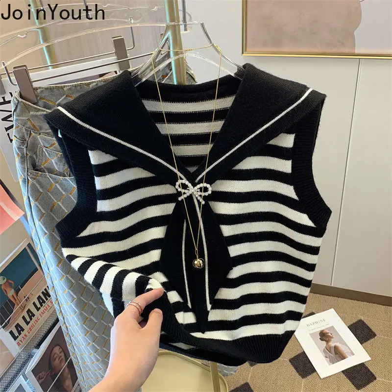 Sweet Korean Sweater Vest Women Chic Sailor Collar Sleeve Striped Tops Preppy Style Bow Sleeveless Knitted Cachemira Mujer 240812