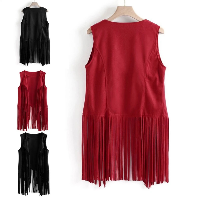 Women Faux Suede Ethnic Sleeveless for Jacket Long Fringe Tassels Hippie Open Front Cardigan Vintage Cowgirl Waistcoat Vest 240813