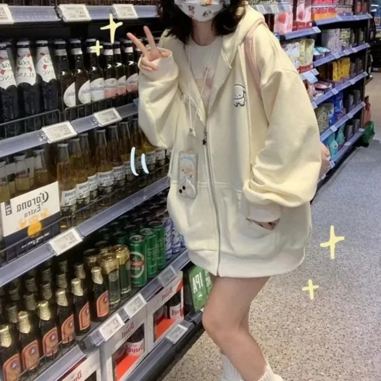 Japanese Kawaii Zip Up Hoodies Women Sweet Girl Star Graphics Embroidery Hooded Sweatshirts Kpop Cute Casual Top Female 240812