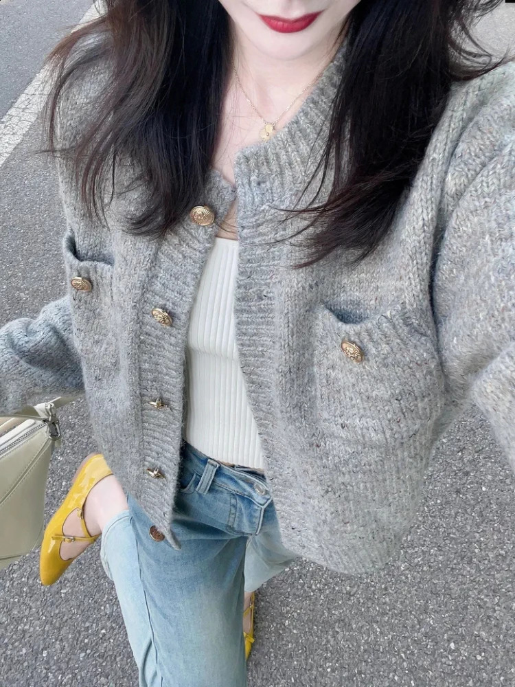 Gray Vintage Knitted Cardigan Women Autumn Winter Preppy Style Casual Sweater Coat Female Korean Fashion Retro Warm Tops 240812