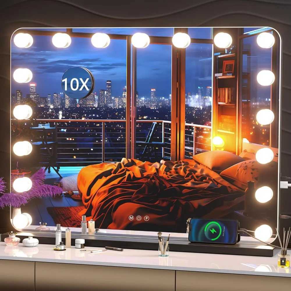 Makeup mirror with lighting 31.5 inches x 23.6 inches equipped with 17 dimmable light bulbs and 10x magnification 3 color modes touch controlled mirro