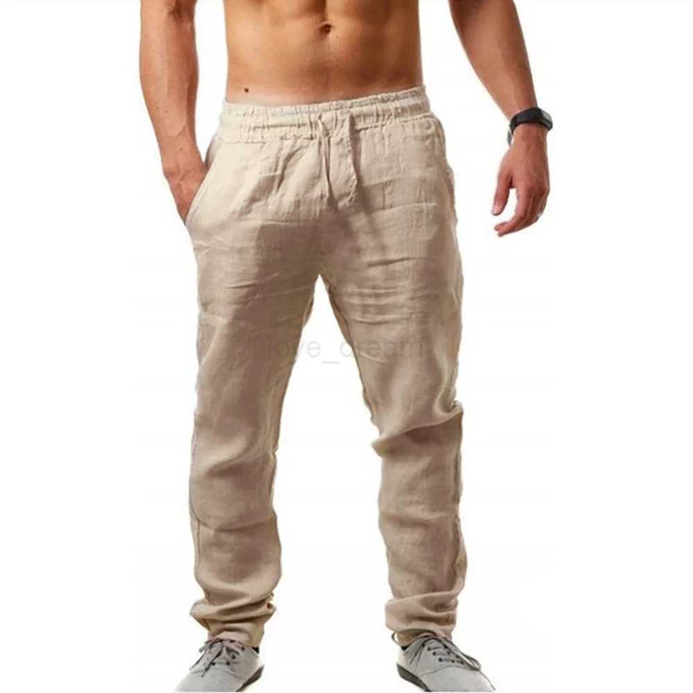 Mens Cotton Linen Pants Male Summer Breathable Solid Color Pants Casual Elastic Waist Fitness Trousers StreetwearXJ240813
