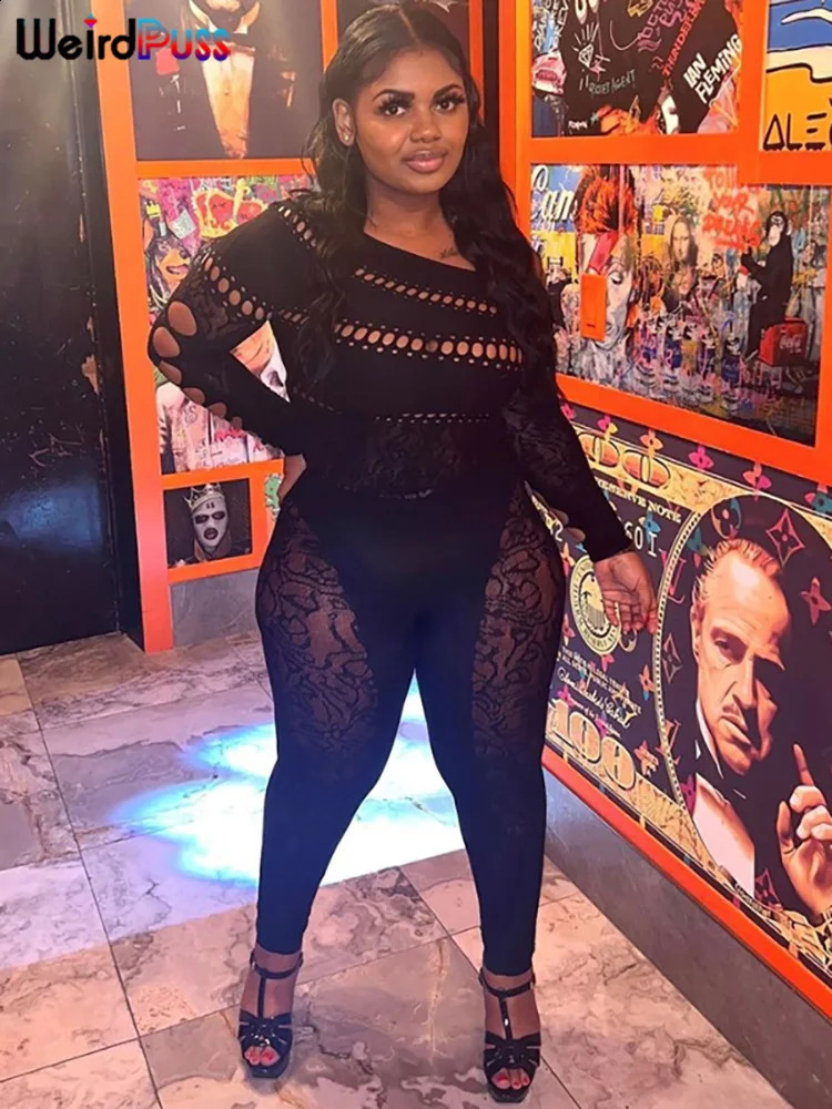 Weird Puss Sexy Hollow Tight Jumpsuit Women Irregular Off Shoulders Skinny Elastic Diamonds Long Sleeve Sexy Clubwear Overalls 240813
