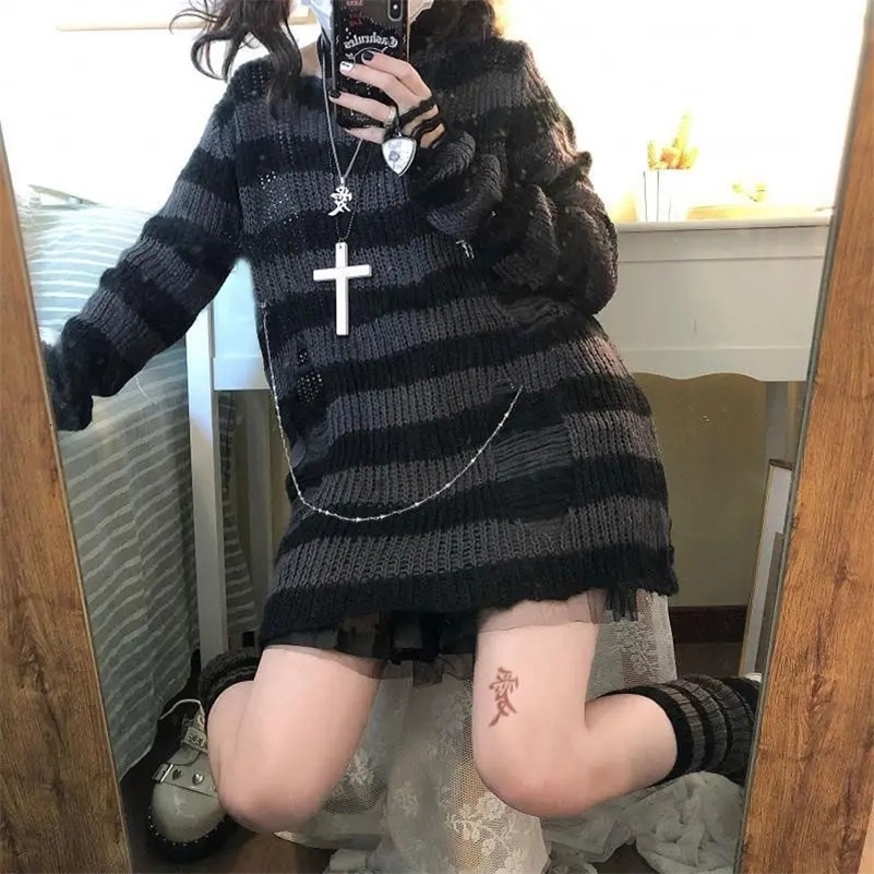 Over Size Grey Striped Gothic Lolita Sweaters Women Ripped Holes Loose Knitted Y2k Hollow Out Broken Emo Punk JK Girl Streetwear 240812