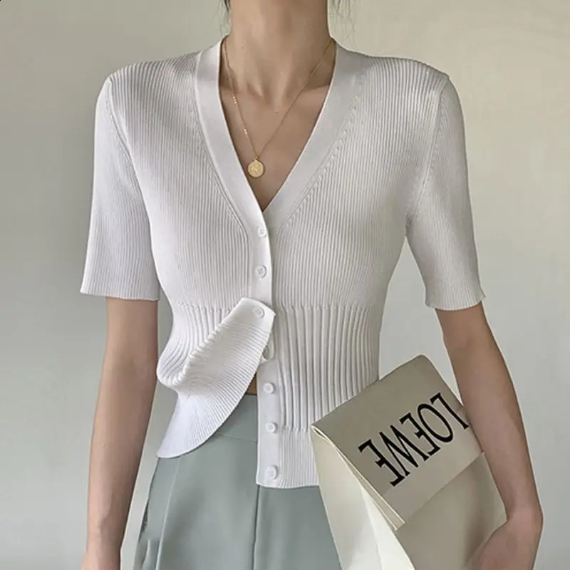 Deeptown Vneck womens knitted cardigan wool sweater short sleeved Basis spring Korean fashion elegant old style office ladies 240812
