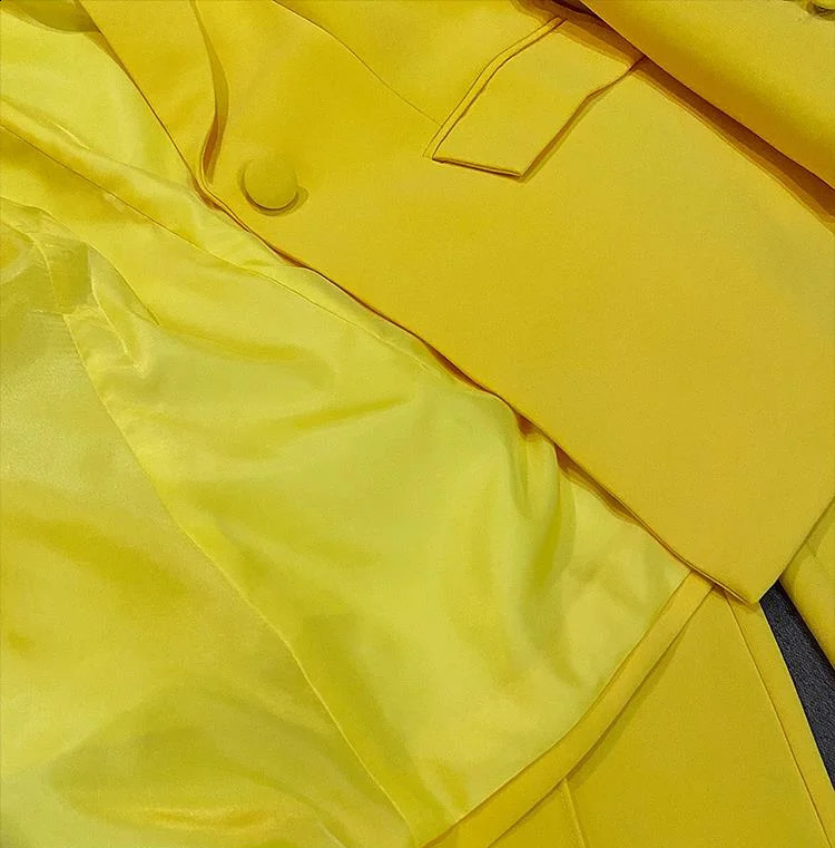 All season Lemon Yellow Office Womens Set Double layered Long sleeved Trailblazer Flared Pants Solid Two piece 240812