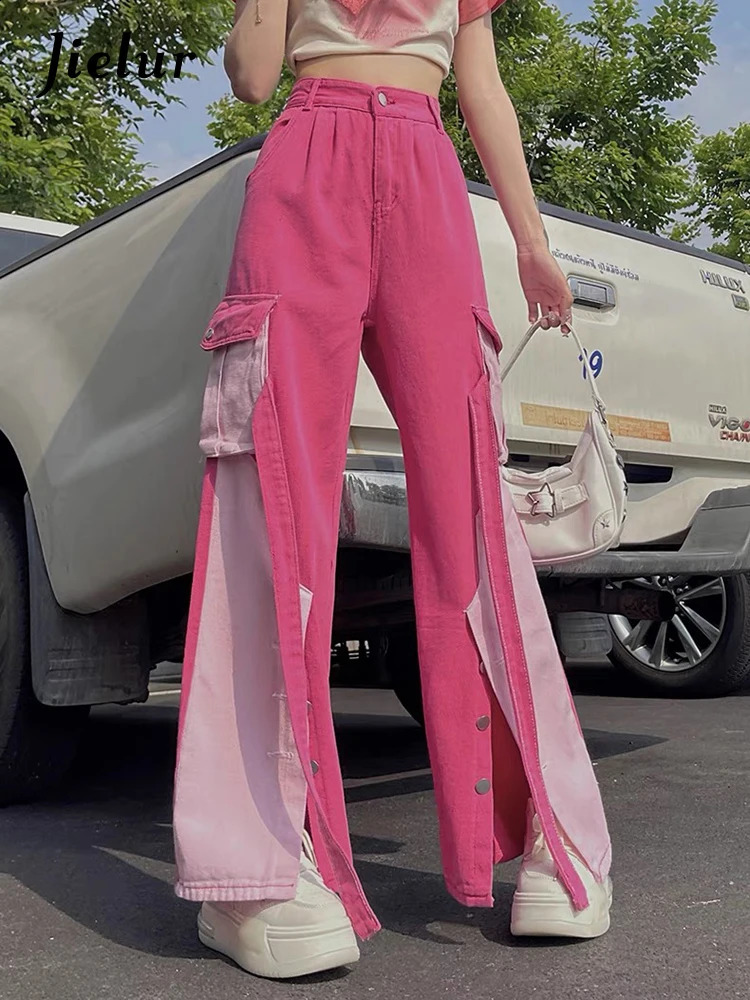 Jielur Pink Autumn Spell Color Straight Jeans High Waist Sexy Y2k Casual Fashion Streetwear Chic Loose Female Cargo Pants 240813