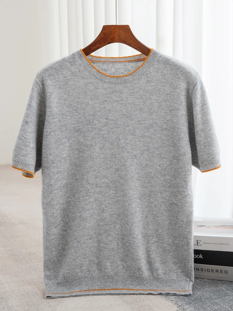 100% Merino wool short sleeved mens round neck floral vest spring and summer solid color knitted half sweater top 240812