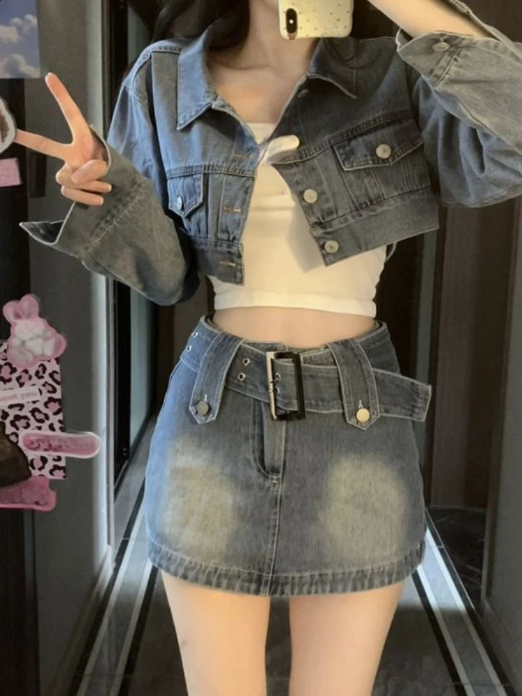 Vintage Denim Suit Woman Slim Casual Short Cardigan Sexy Bodycon Y2k Mini Skirt Elegant Korean Fashion Set 2024 Spring Chic 240812