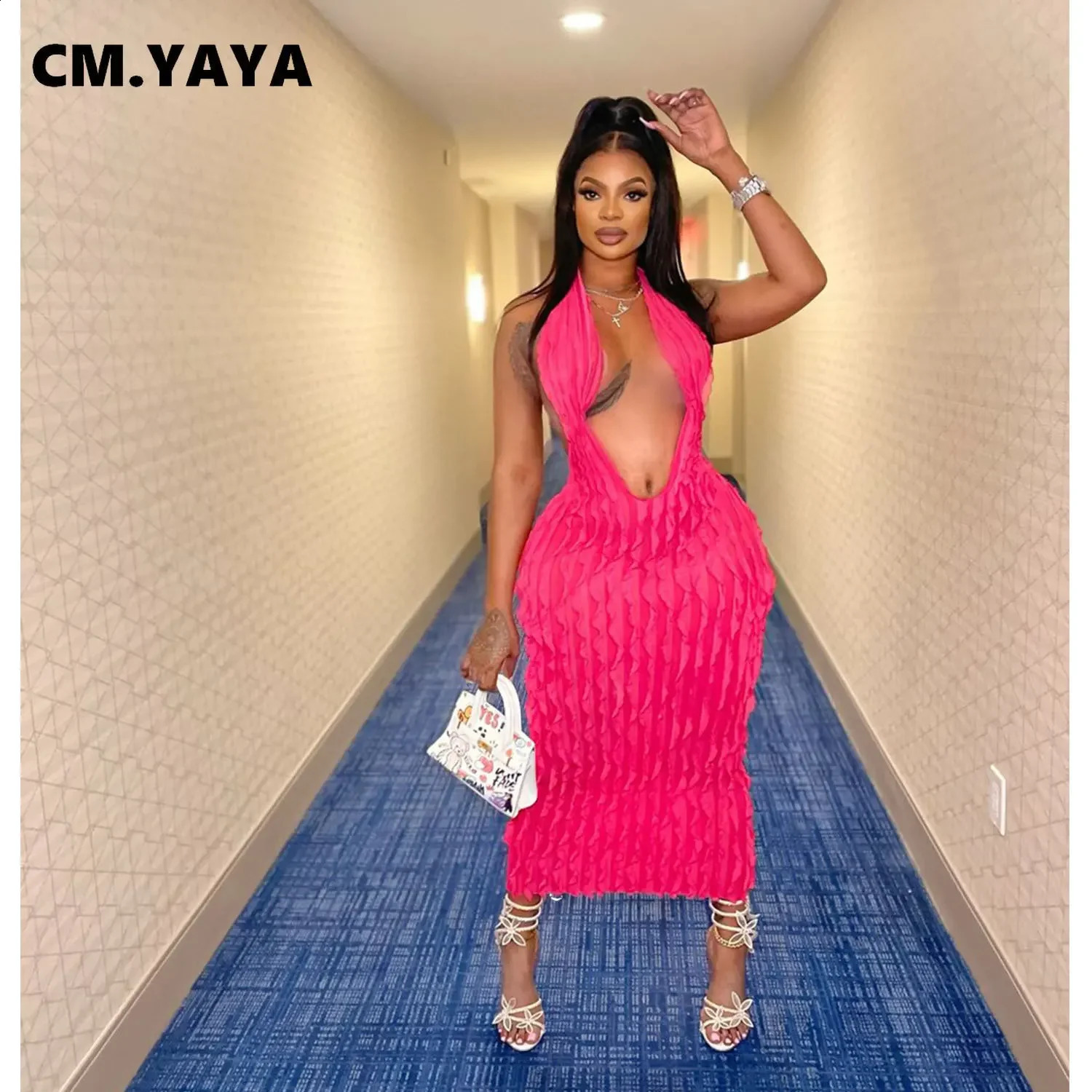 Women Halter Deep V-neck Backless Sleeveless Wave Bodycon Midi Maxi Dress 2024 Summer Street Sexy Party Vestidos Dresses 240812
