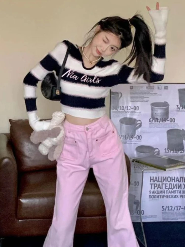 Deeptown Y2K Vintage Striped Cropped Sweater Women Harajuku Kpop Slim Long Sleeve Pullover Korean Contrast Knitwear Tops Jumper 240812