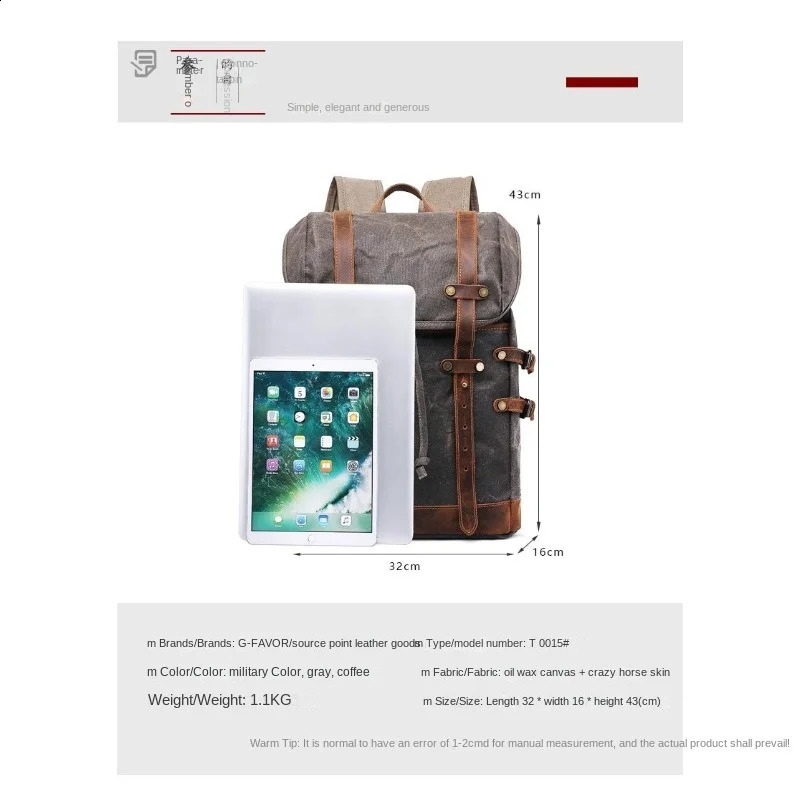 wax canvas bag with genuine leather travel outdoor backpack horsehide mens 240813