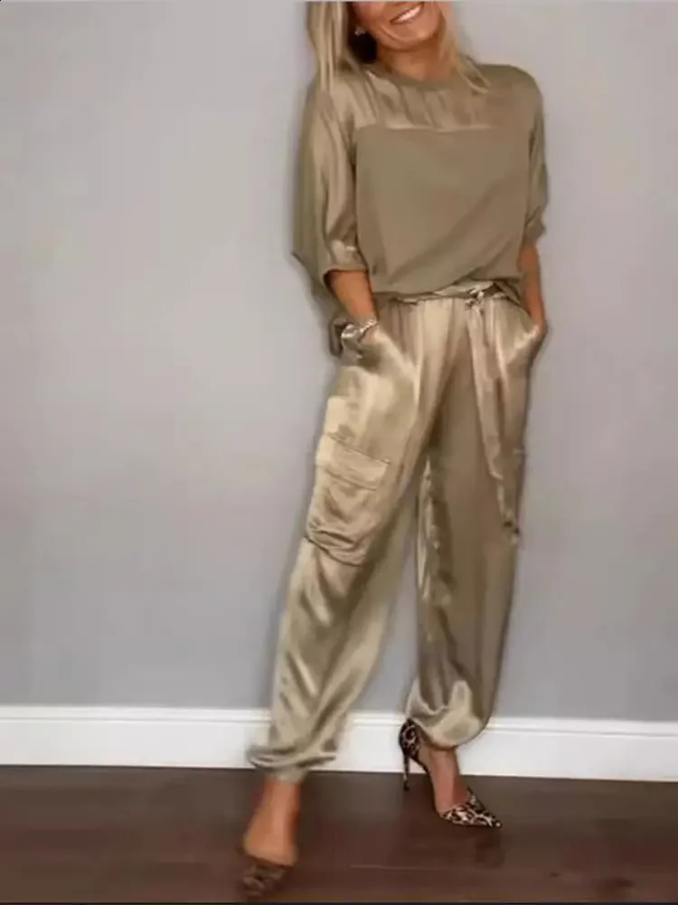Casual Satin Two Piece Sets Women Patchwork Long Sleeve O-neck Top High Waist Lace Up Loose Pant Suit 2024 Spring Summer Outfits 240813