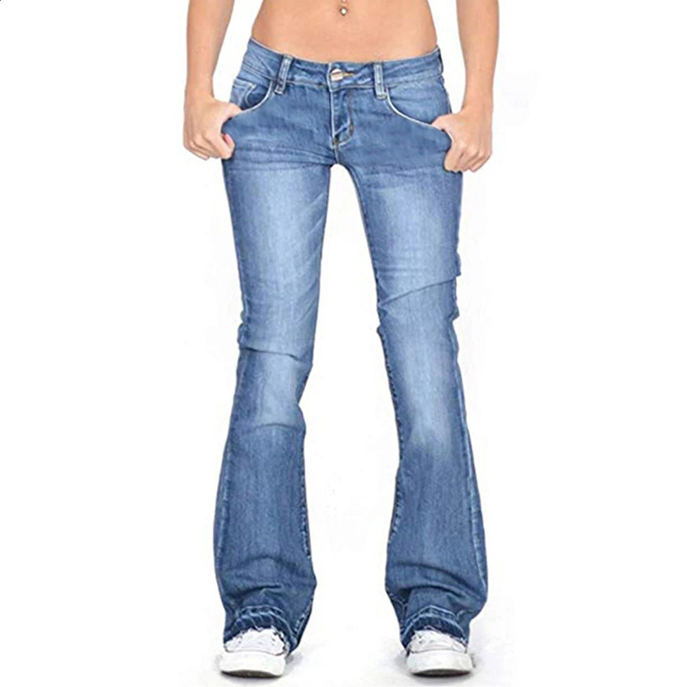 Washed Jeans Women Vintage High Street Denim Pants Solid Color Casual Pockets Slim Flared Pants Fashion Womens Wide Leg Pants 240813