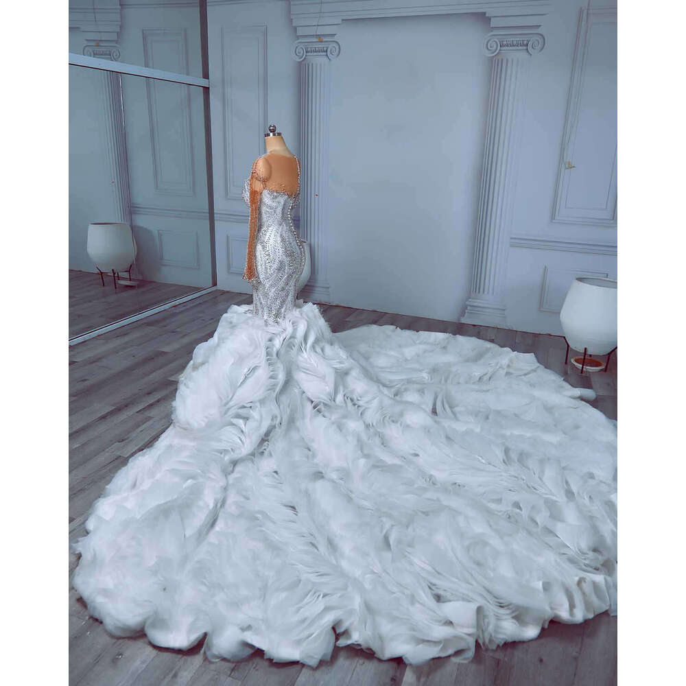 Mermaid Gown Wedding Dresses Ruffles Beading Crystals Long Sleeve Bridal Sweep Train Gowns Big Custom Size Colour
