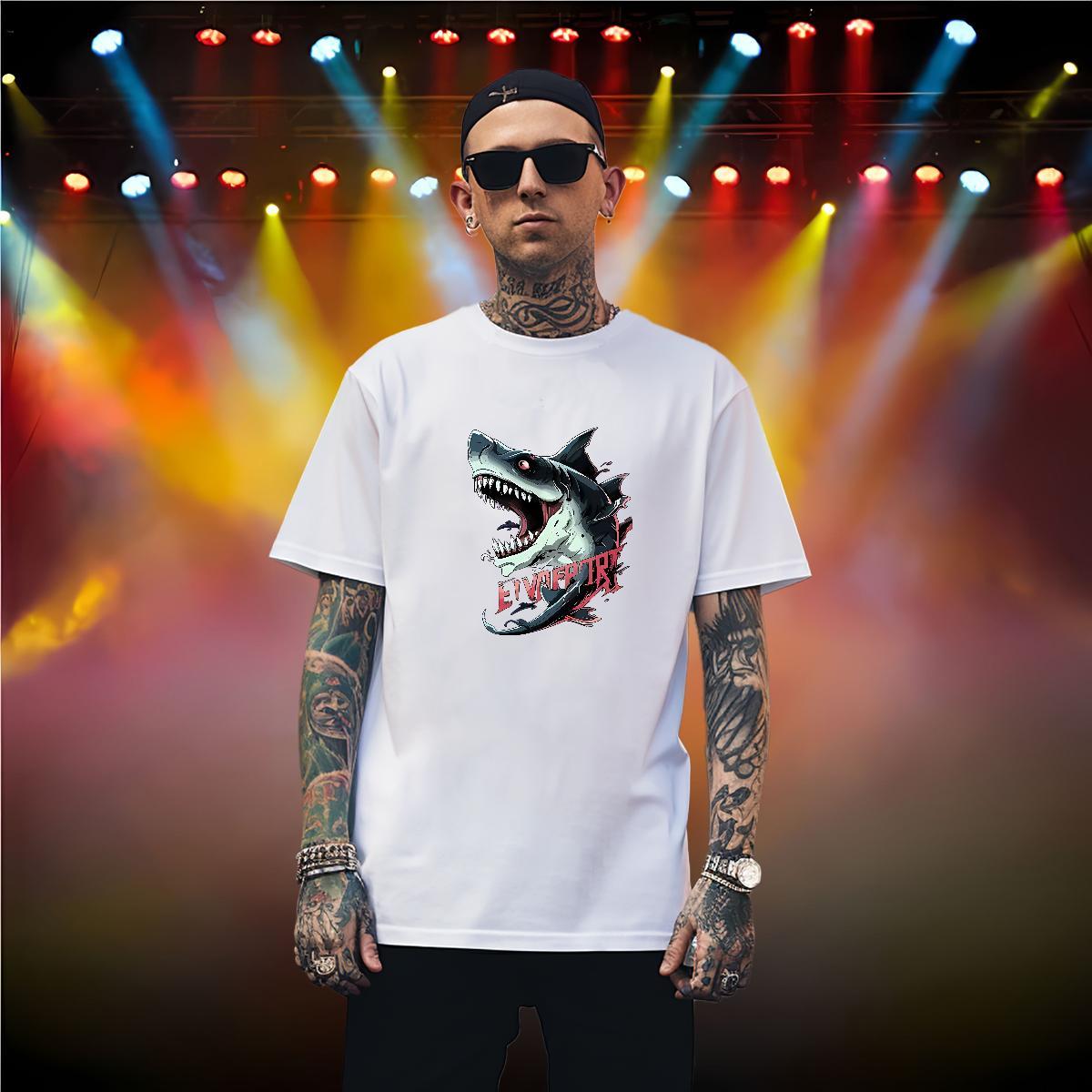 Loose Fit Mens T Shirts shark Round Neck Short Sleeve Casual Asian Size 230g 100% Cotton Men Tops Tees Custom Clothings