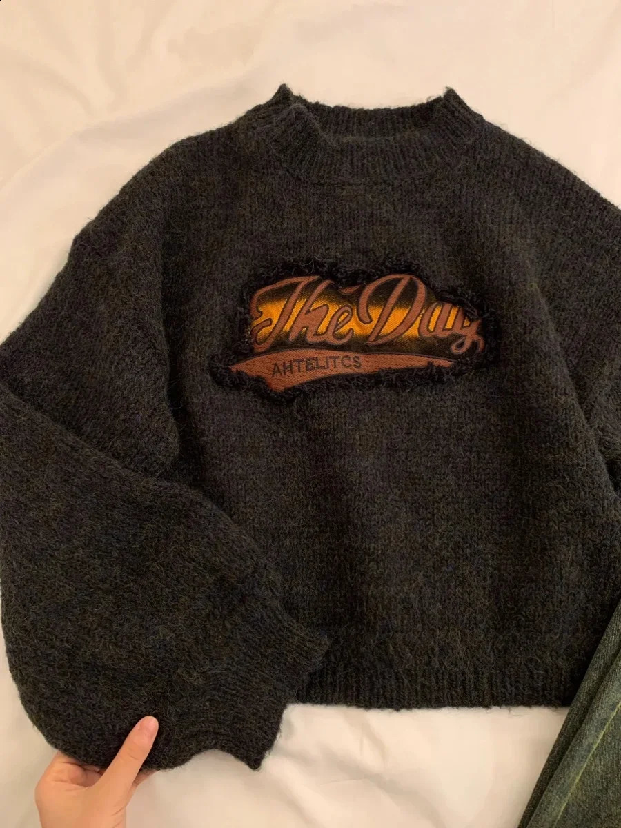 Women Grey Pullover Knitted Sweater Harajuku 90s Aesthetic Y2k Long Sleeves Sweaters Fashion Vintage 2000s Clothes Autumn 240812