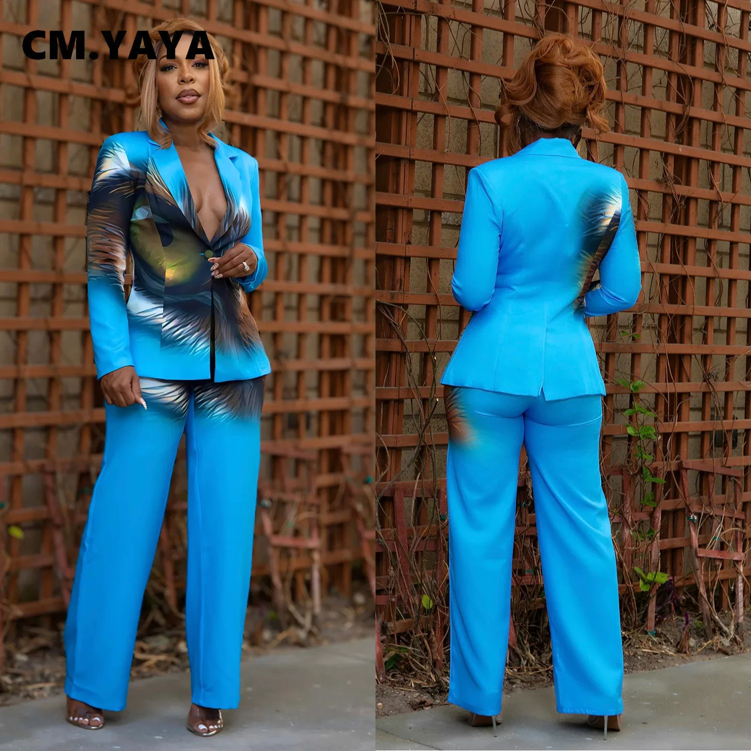 CM YAYA Elegant Full Set Printed Sports JacketWide Leg Pants Two Piece Womens Classic OL Street Clothing Song 240812