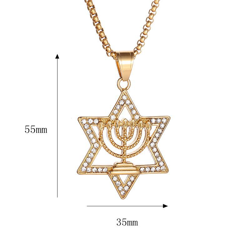 Star of David Hexagram Pendant Necklace Full Zircon Real Gold Plated Mens Jewelry