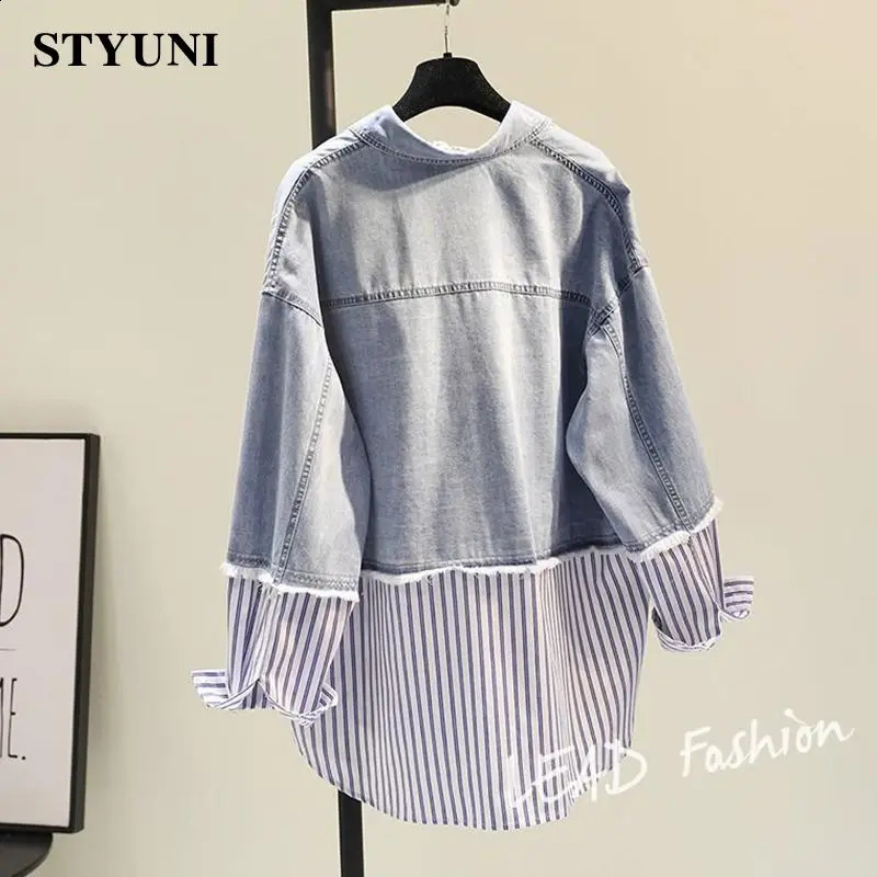 Vertical Striped Denim Vintage Polo Collar Single Breasted Long Sleeve Womens Blouse Shirt Korean Fashion Female Clothing 2024 240812