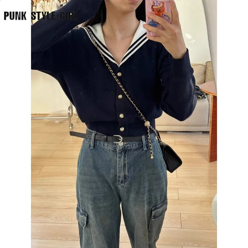 Sailor Collar Vintage Women Cardigan Preppy Style Basic Sweater Korean Spring Knitwear White Jumper Japanese Aesthetic Tops 240812