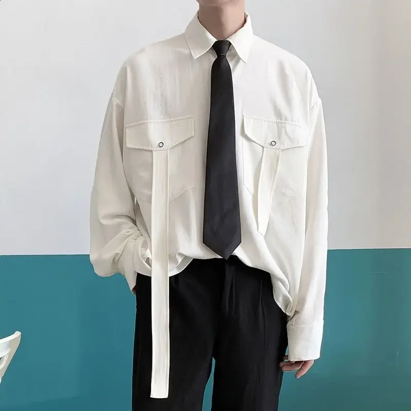 Gmiixder product long sleeved mens tie Kpop shirt Korean streetwear Versatile motorcycle pocket striped jacket 240812