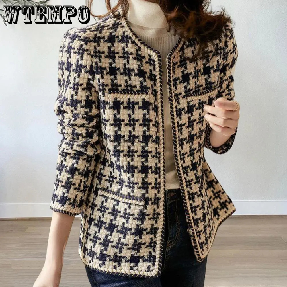 WTEMPO Vintage Early Autumn Tweed Women Jacket Elegant Grid Lady Winter Cardigan Open Front Plaid Outwear 240812