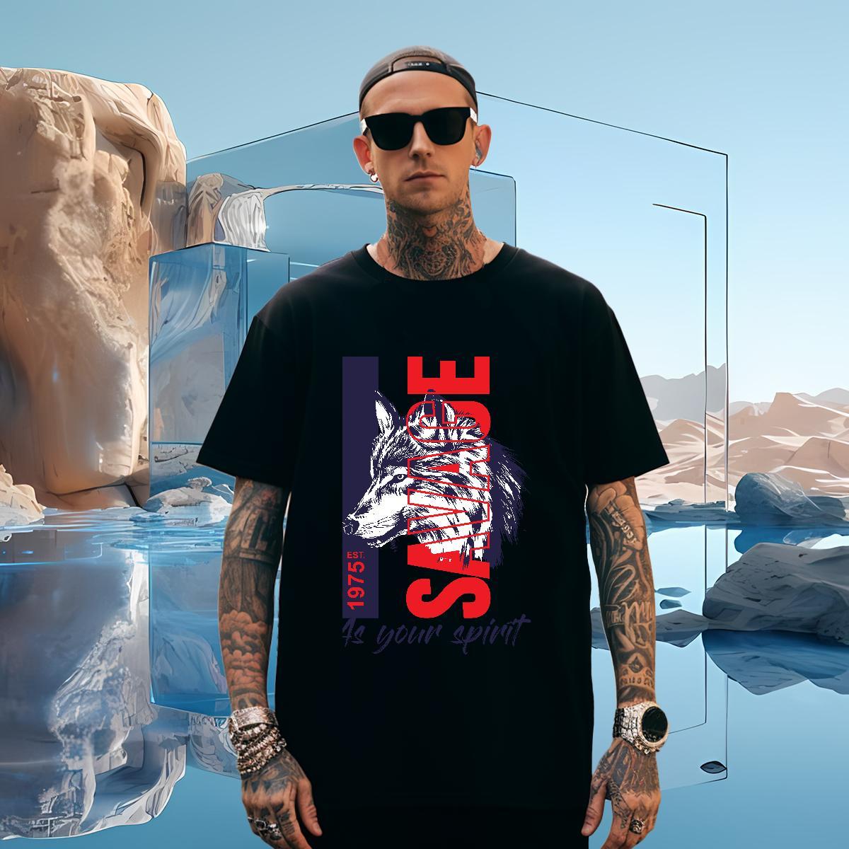 Men T Shirts 100% Cotton 230g wolf Daily Outfit Breathable Short Sleeve DIY Logo Oversized Men Tshirts 2024 DIY Brand Tops