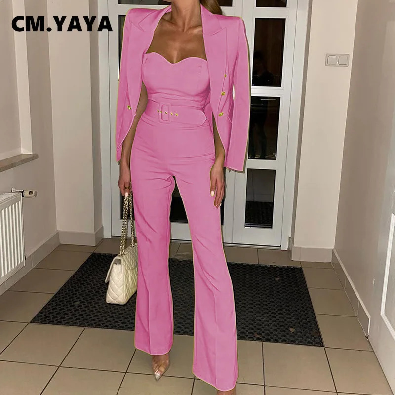 CM YAYA Elegant Womens Long Sleeve Jacket Wide Leg Sparkling Belt jumpsuit Office Track and Field Wear Two Piece Set INS 240812