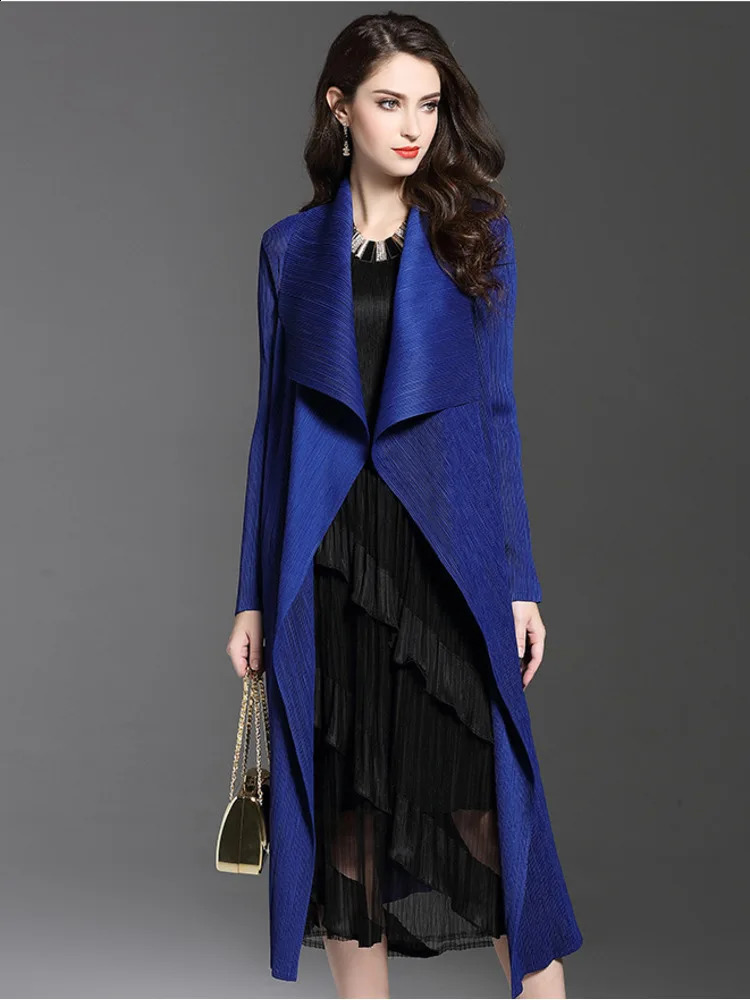 Women Fashion Pleated Long Windbreaker Turn Down Collar Open Cardigan Black Green Gray Red Khaki Female Clothing Coat Shawl 240813