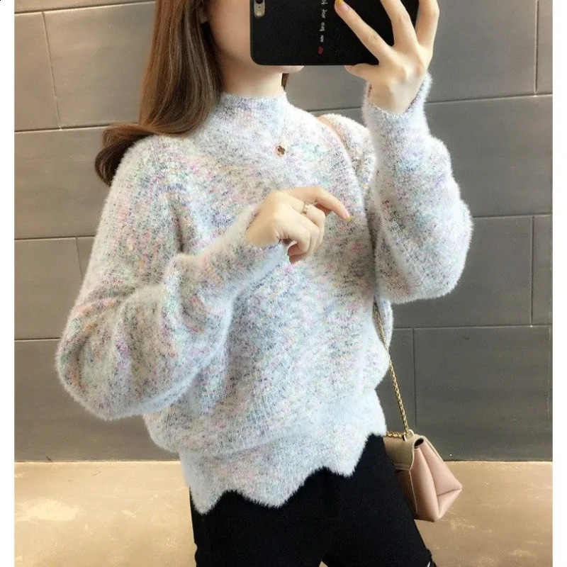 Women Winter Korean Half High Neck Pullover Mink Plush Sweater Trendy Jacquard Knit Bottom Shirt Warm Loose Long Sleeve Tops 240812