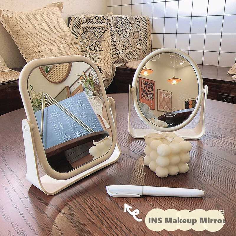 Ins desktop stand makeup mirror cute rotating oval rectangular womens makeup mirror bedroom dormitory home decoration W240813