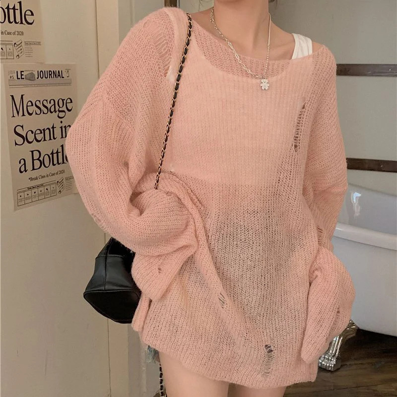 Oversized Hollow Out Knit Sweaters Women Harajuku Streetwear Long Sleeve Round Neck Pullover Tops Woman Y2K Loose Hole Jumpers 240812