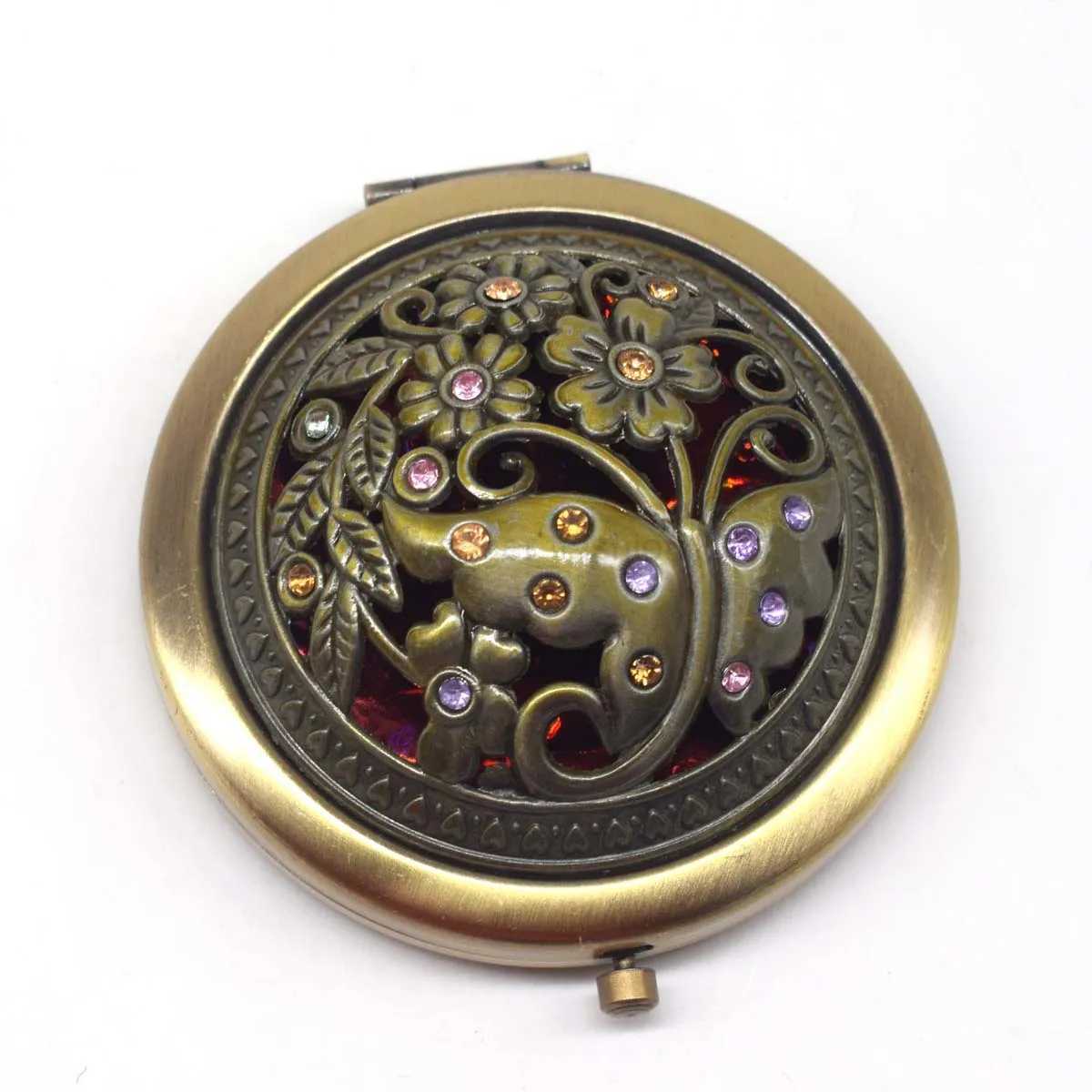 Bronze Color Flower Diamond Metal Portable Pocket Mirror Mini Two-sides Folding Makeup Mirror Vintage Butterfly Cosmetic MirrorsXJ240813