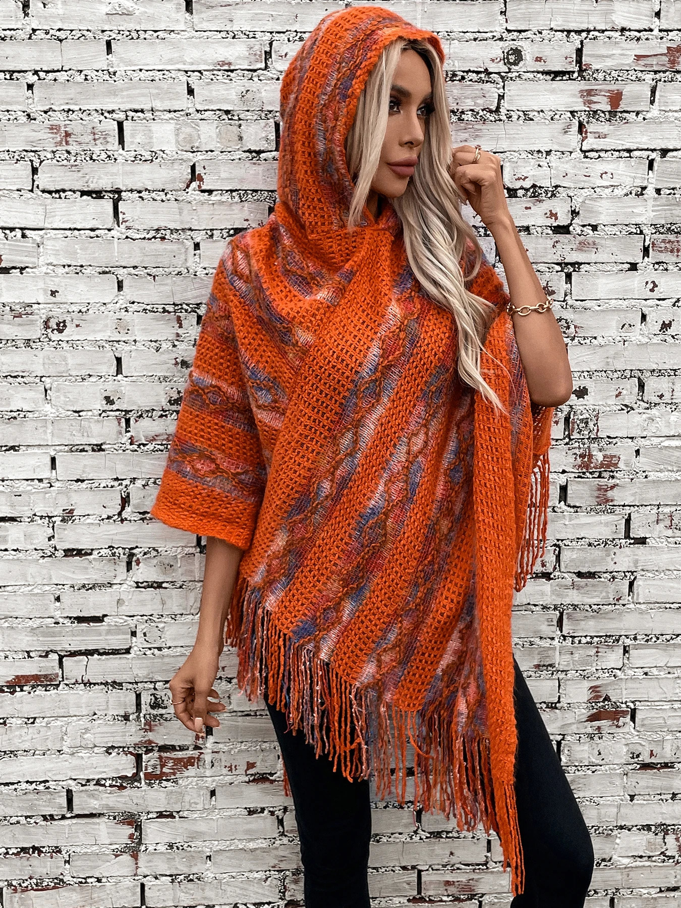 contrasting color hooded knitted tassel long womens cape jacket for autumn and winter 240813