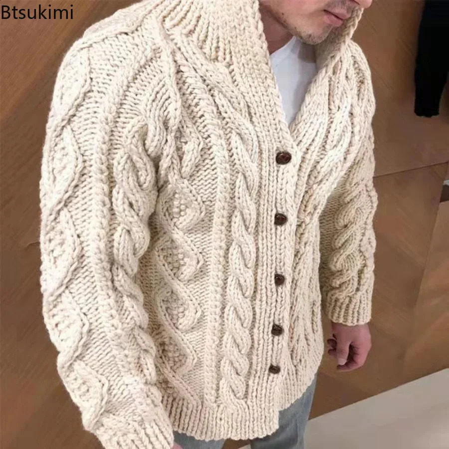 Autumn Winter Mens Warm Coat Cardigan Sweater Stretchy Long Sleevev Twist Texture Thermal Sweater Coat Male 240813CJ